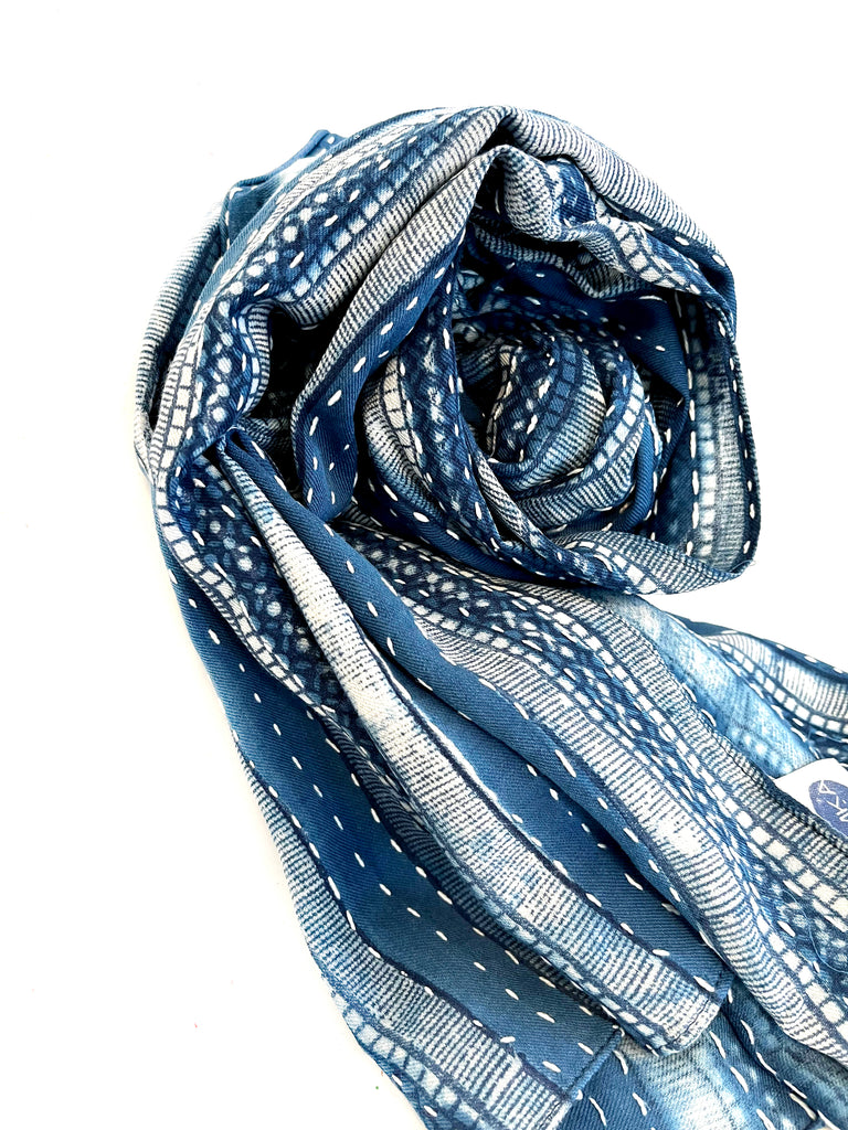 Embroidered indigo scarf- stripes